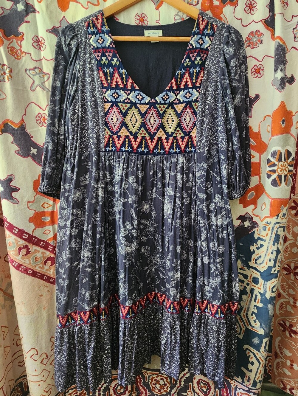 Sundance Navy Floral Mid-Sleeve Embroidered Dress